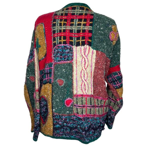 VTG Women's Sweater XL Cardigan Green Red Patchwork Grandmacore Cottagecore - Picture 2 of 9